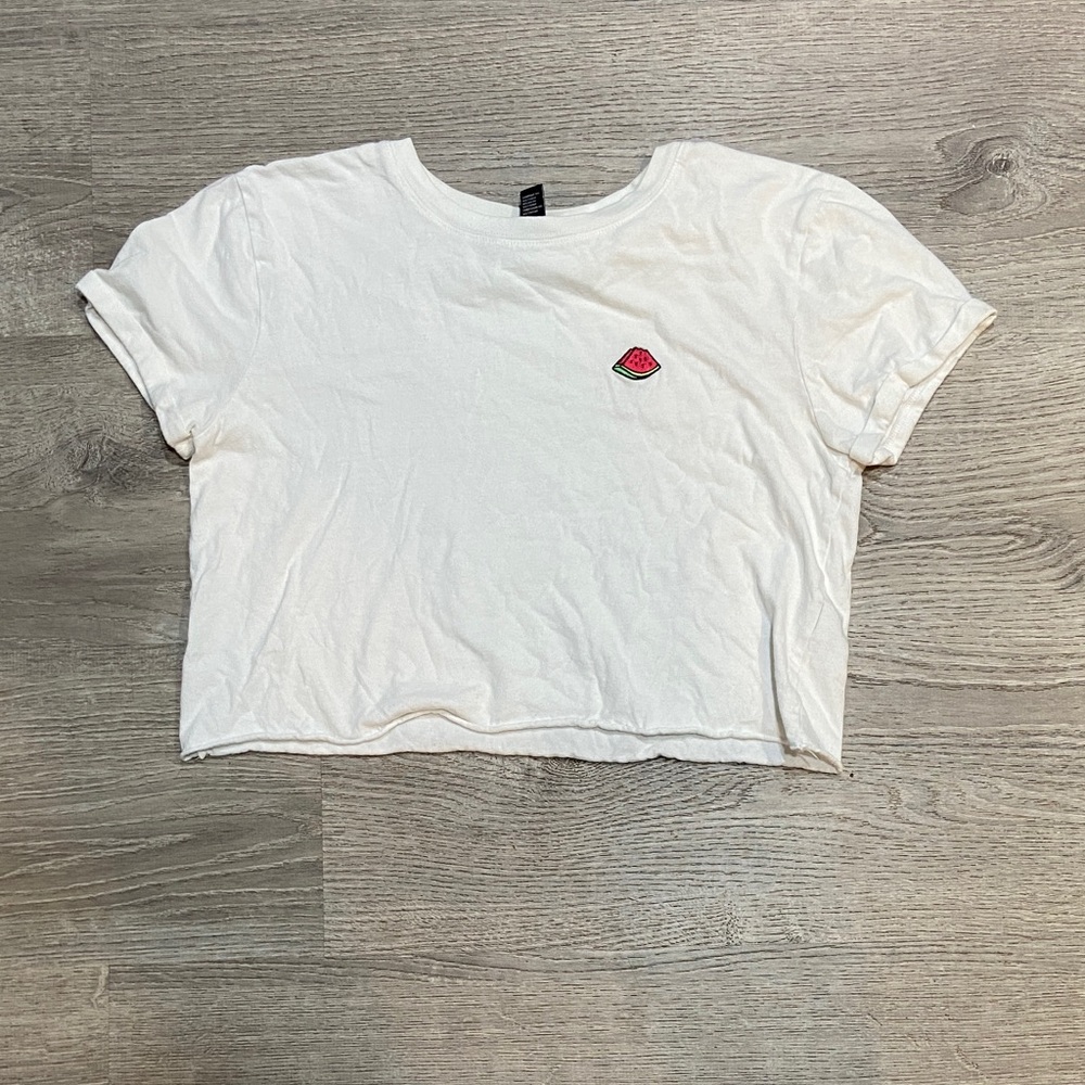 Forever 21 White Crop Top with Watermelon Embroidery